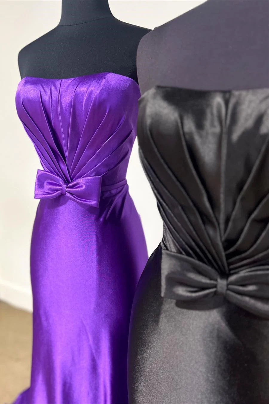 Vestido de fiesta de sirena con lazo, sin tirantes y hombros descubiertos y cola